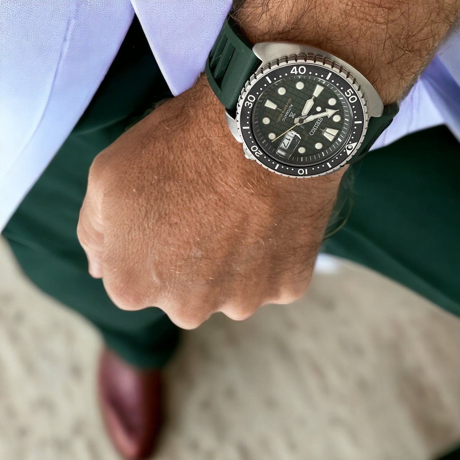 green fkm watch strap on a seiko king turtle