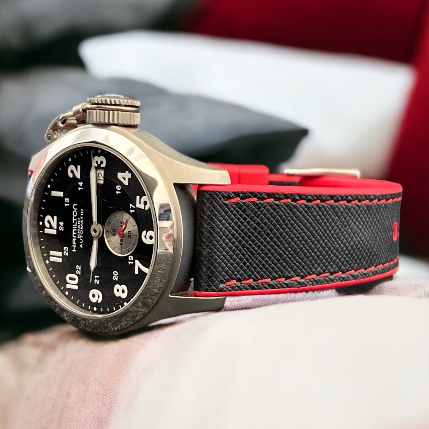 Strap Monster COMBI FKM+ Saffiano Leather Watch Strap - Black/Red