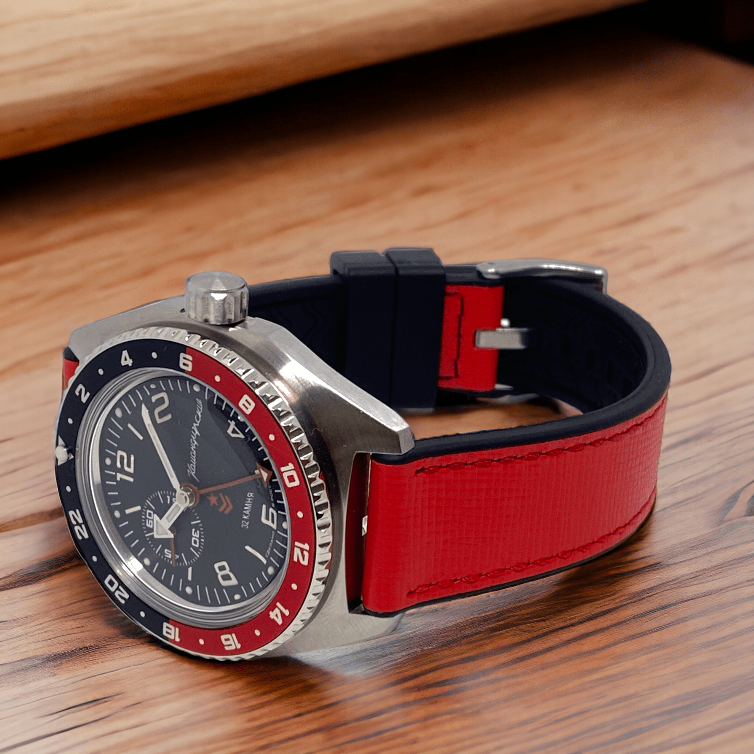 Strap Monster COMBI FKM+ Saffiano Leather Watch Strap - Red/Black